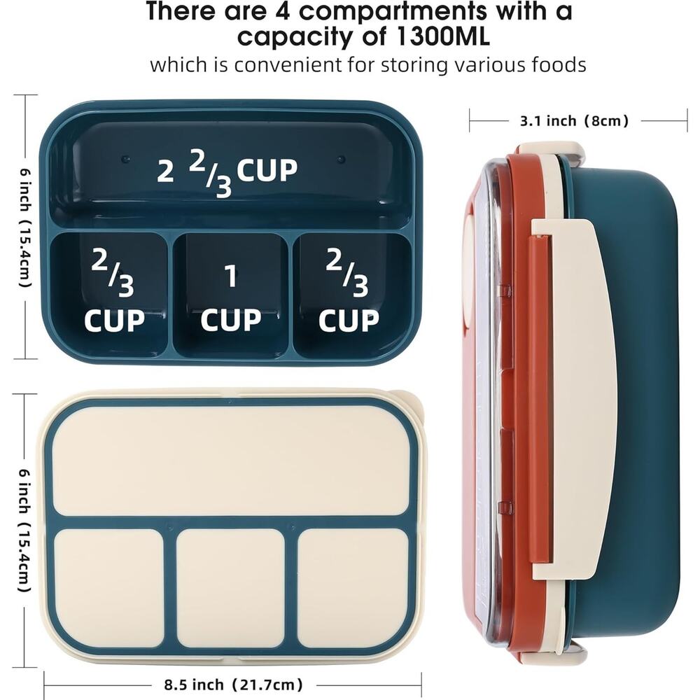 NEW Bento Box Adult Kids Lunch Box – 4 Compartments w/ Utensils Cutlery Sauce - Picture 4 of 7